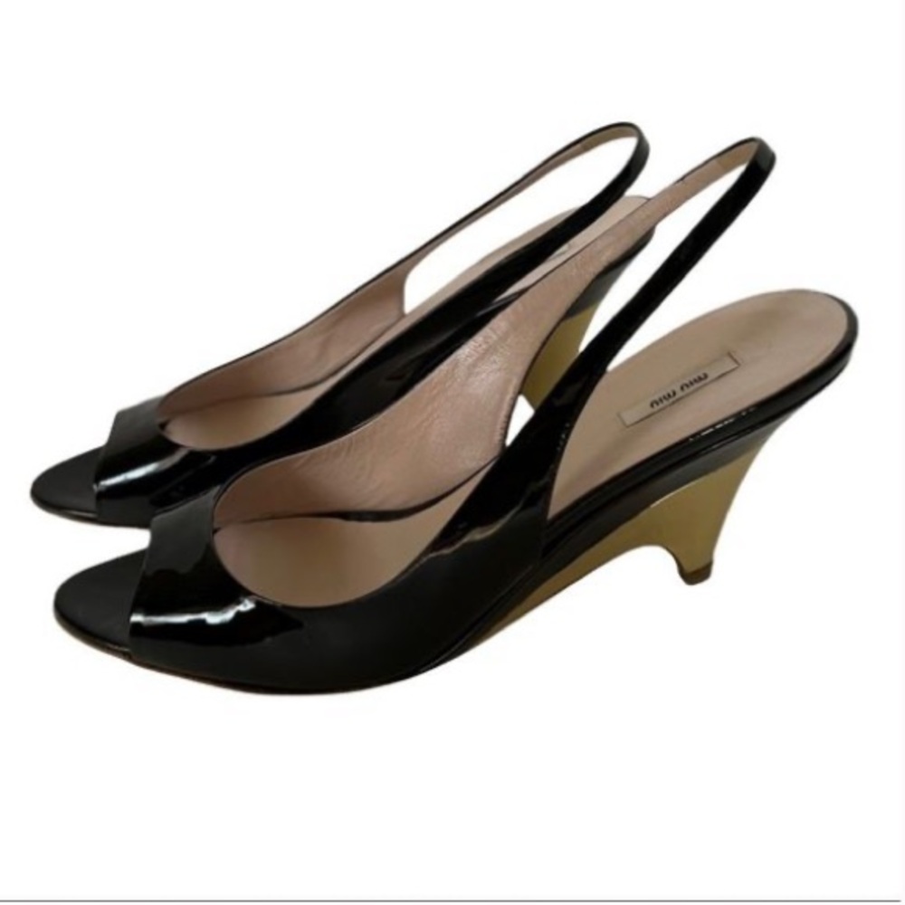 Prada MIU MIU Black Patent Leather Open Toe Slingbacks Metal Wedge High Heels